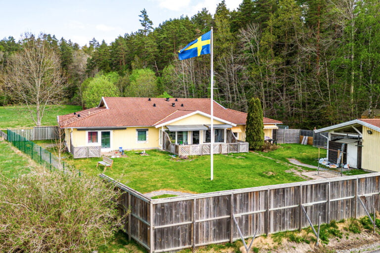 Boendets fasad och gräsmatta med ett plank mot vägen och skog i bakgrunden
