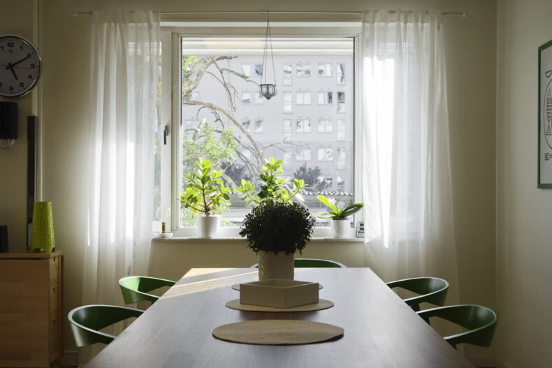 Ett matbord vid ett fönster med krukväxter på fönsterbrädan