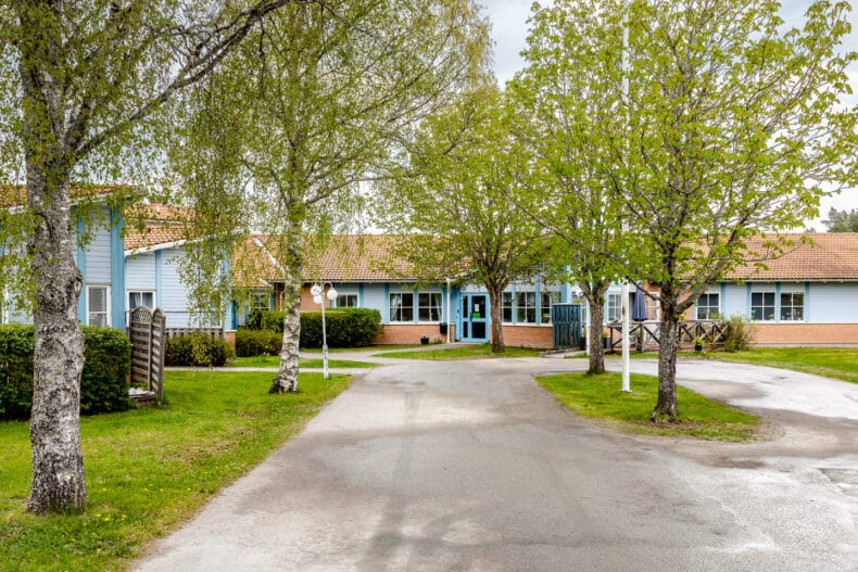 Boendets uppfart med björkar på sidan av vägen. Boendets fasad är i tegel och blått trä