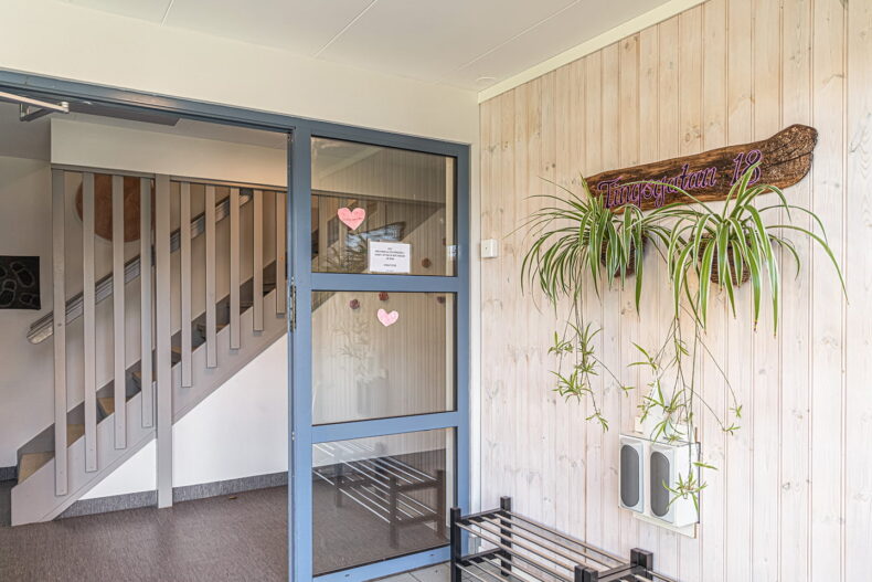 Entré till boendet med ljusa väggar och växter