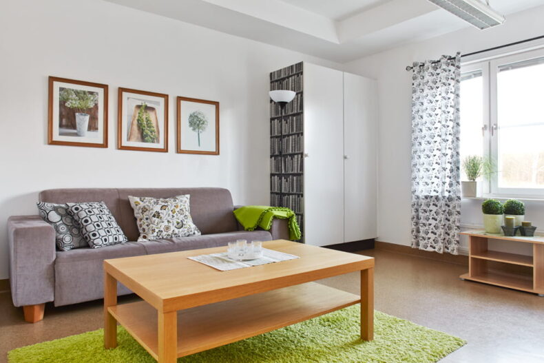 Ett rum med soffa, soffbord, garderob, konst på väggarna och växter i fönstret