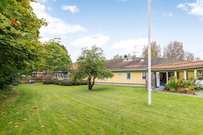 Verksamhetens stora gräsmatta med flaggstång och fruktträd