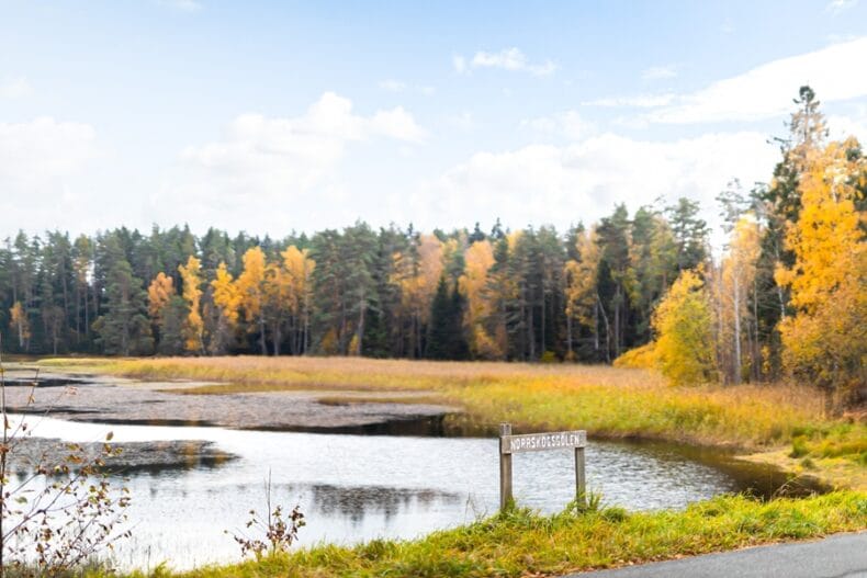 Vacker natur med skog, fält och vattendrag. Närmast i bild står en träskylt med texten 