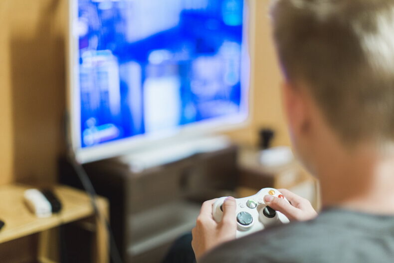 En person med ryggen mot kameran spelar TV-spel