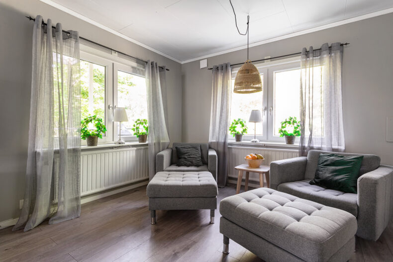 Mysig hörna med gråa fåtöljer
