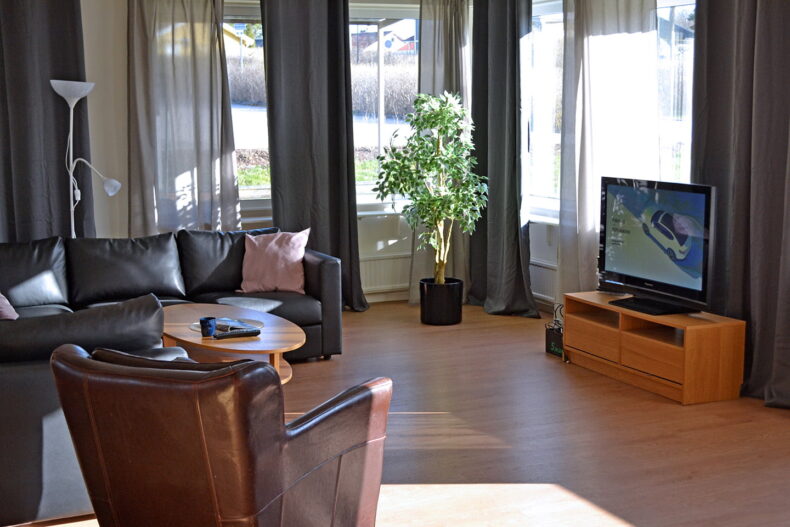 Ett gemensamt rum med soffor och fåtöljer framför en TV. Det finns flera fönster med gardiner i olika nyanser