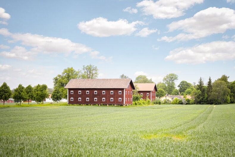 Närliggande åkrar och gamla lador