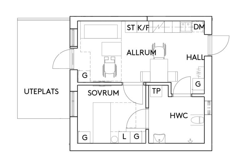 Planritning över hur lägenheterna på boendet ser ut, med kombinerad hall, allrum och kök, separat sovrum, badrum samt uteplats