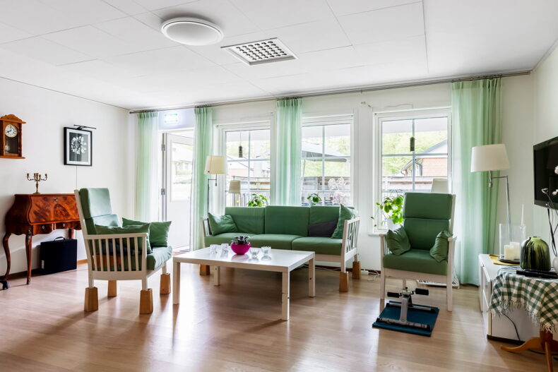 Grön soffgrupp med gröna gardiner och en TV framför stora ljusa fönster.