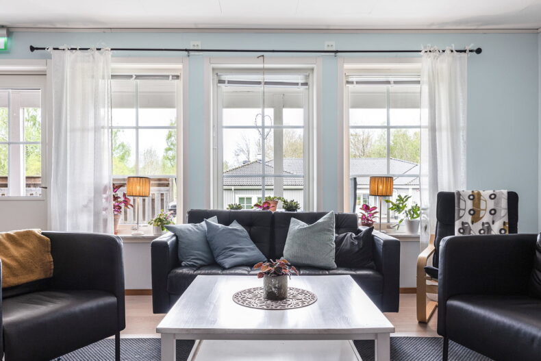 Svar soffgrupp med kuddar och filtar. Stora ljusa fönster i bakgrunden med växter på fönsterbrädorna.