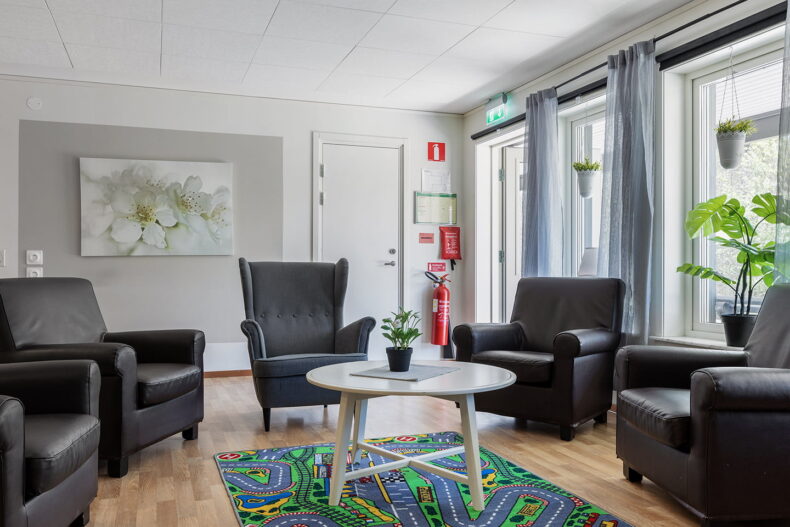 Samtalsyta med flertal fåtöljer och en färgglad matta