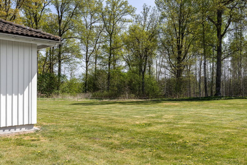 Utblick över den stora gräsmattan intill huset