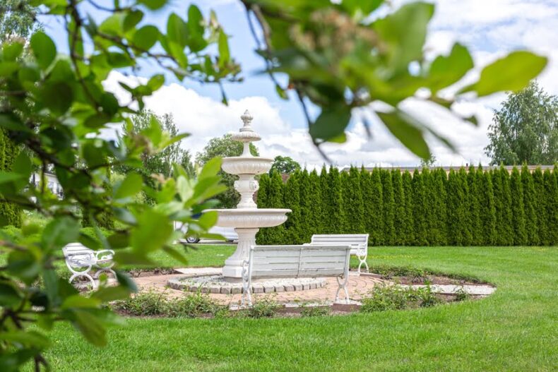 En fontän omringad av parkbänkar och rosenbuskar på gräsmattan